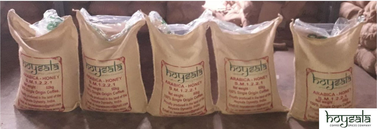 Jute bags marked and stacked for export