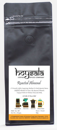Roasted Almond beans and powder packs, front